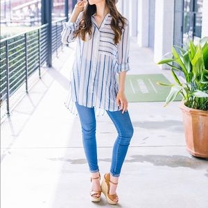 LAST ONE! Striped Buttondown Blouse - Blue